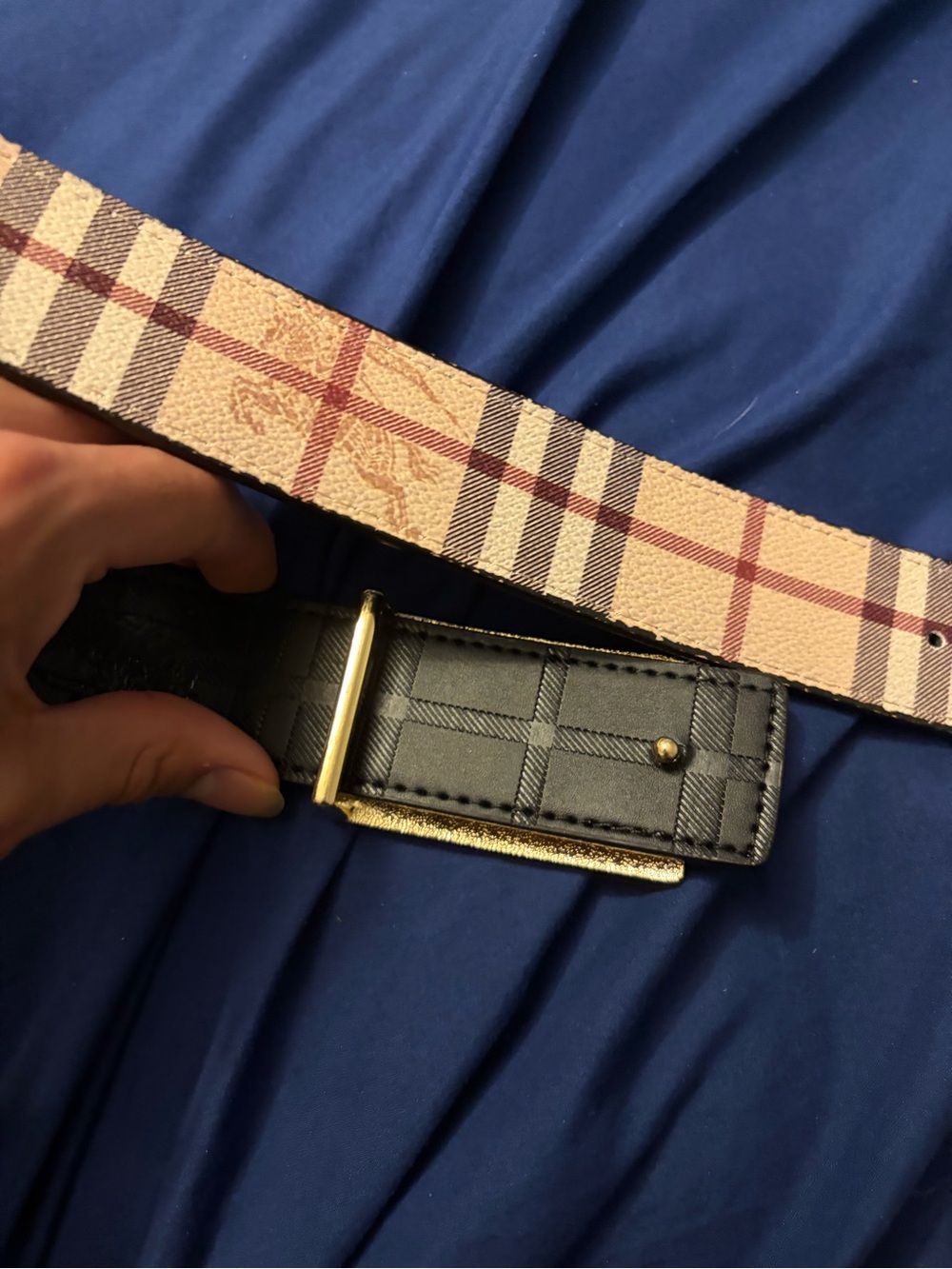 Burberry Beige Plaid Canvas Belt with Gold Logo Buckle - Picture 4 of 7